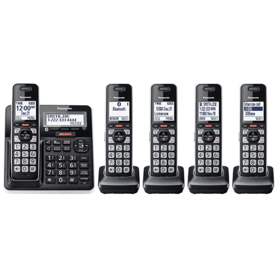Panasonic front view of base and five handsets showing whole-home coverage and convenience