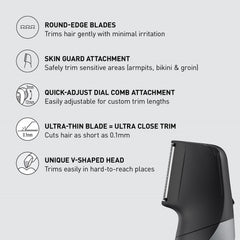 Panasonic close-up of V-shaped head highlighting maneuverability and precise contour trimming