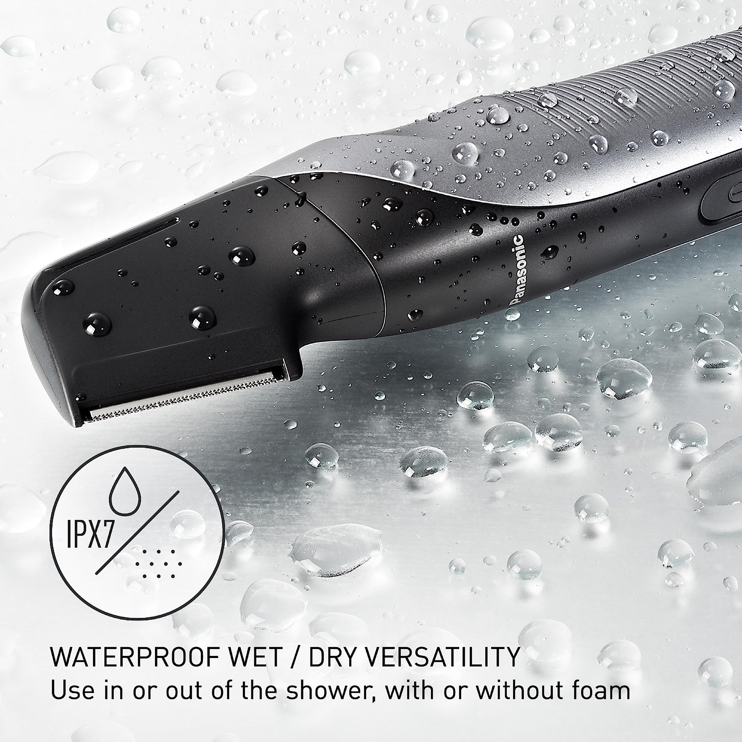 Panasonic groomer used in shower demonstrating wet/dry use and quick rinse cleaning benefit