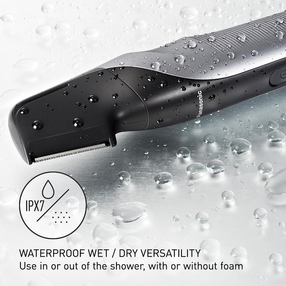 Panasonic groomer used in shower demonstrating wet/dry use and quick rinse cleaning benefit