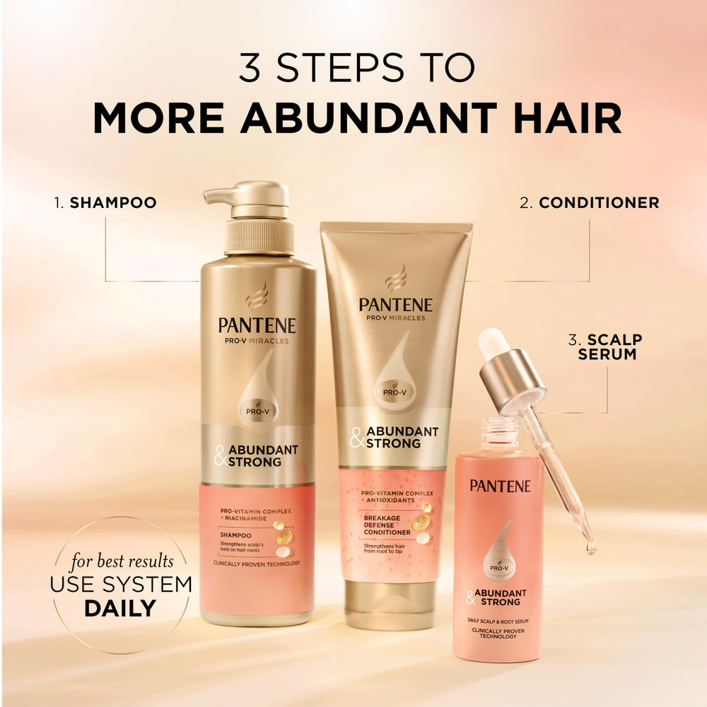 Pantene kit on bathroom shelf in lifestyle scene indicating daily routine
