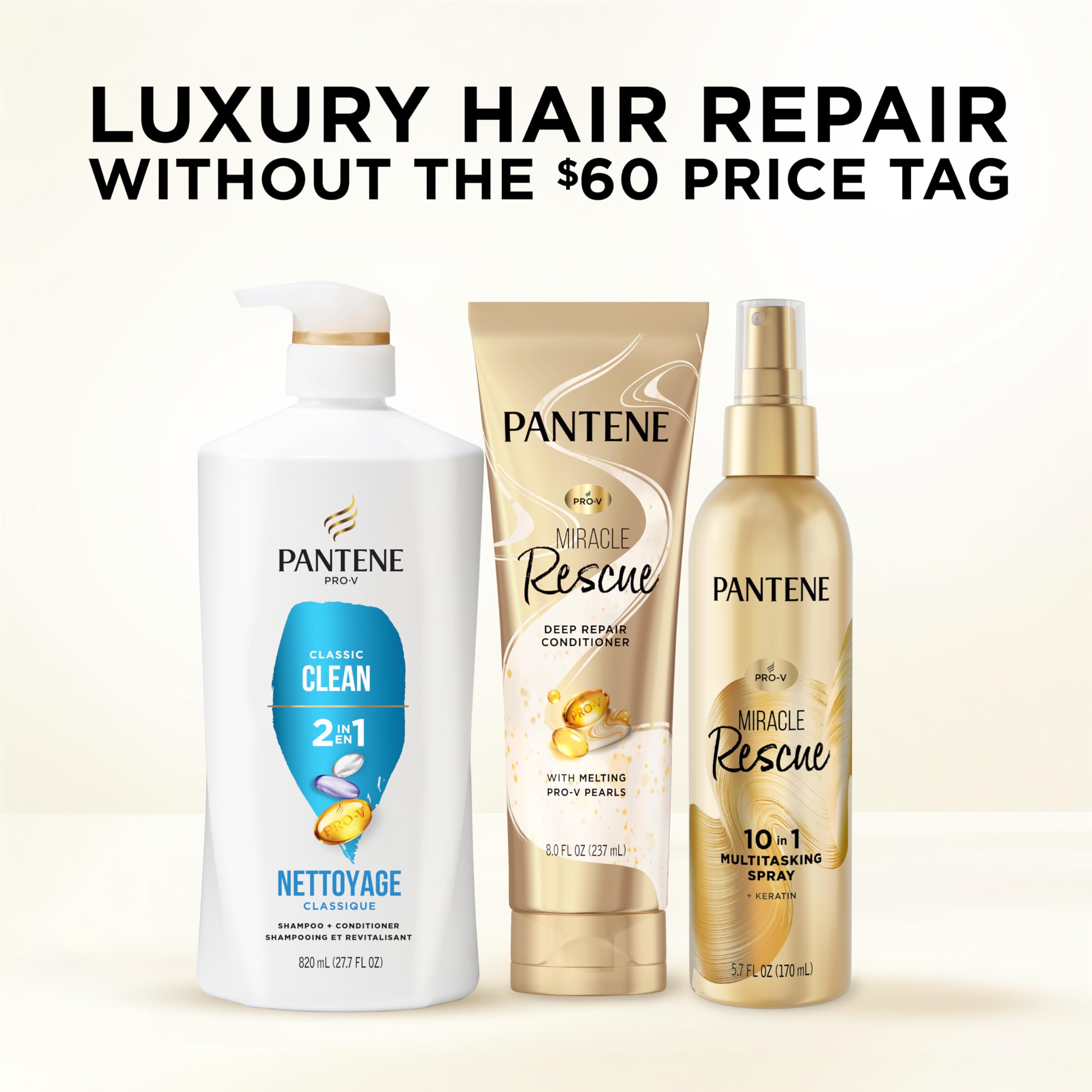 Pantene botella junto a una regla para mostrar tamaño y ahorro por paquete