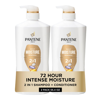 Pantene packaging frontal del 2‑en‑1 mostrando el envase y beneficio hidratante