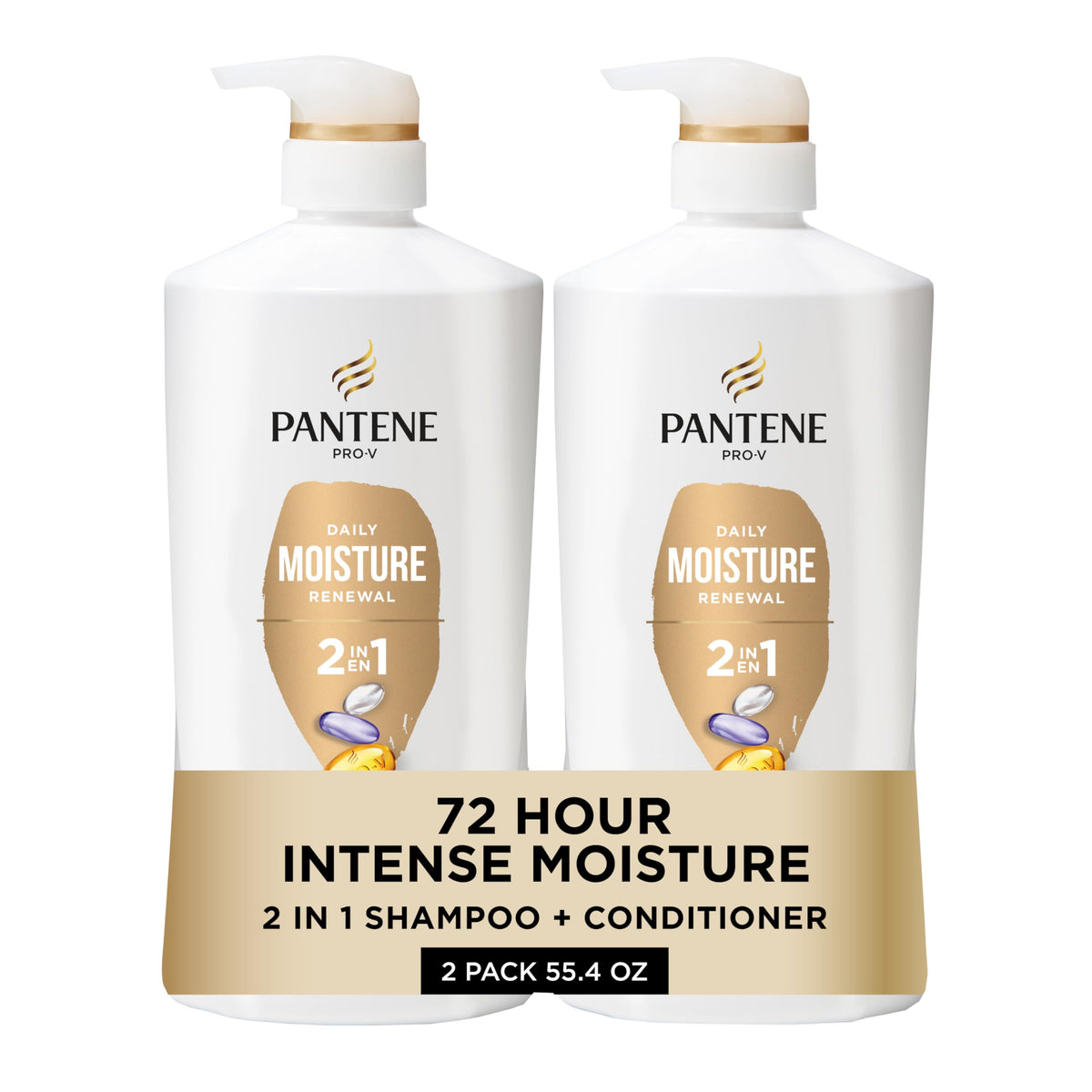 Pantene packaging frontal del 2‑en‑1 mostrando el envase y beneficio hidratante