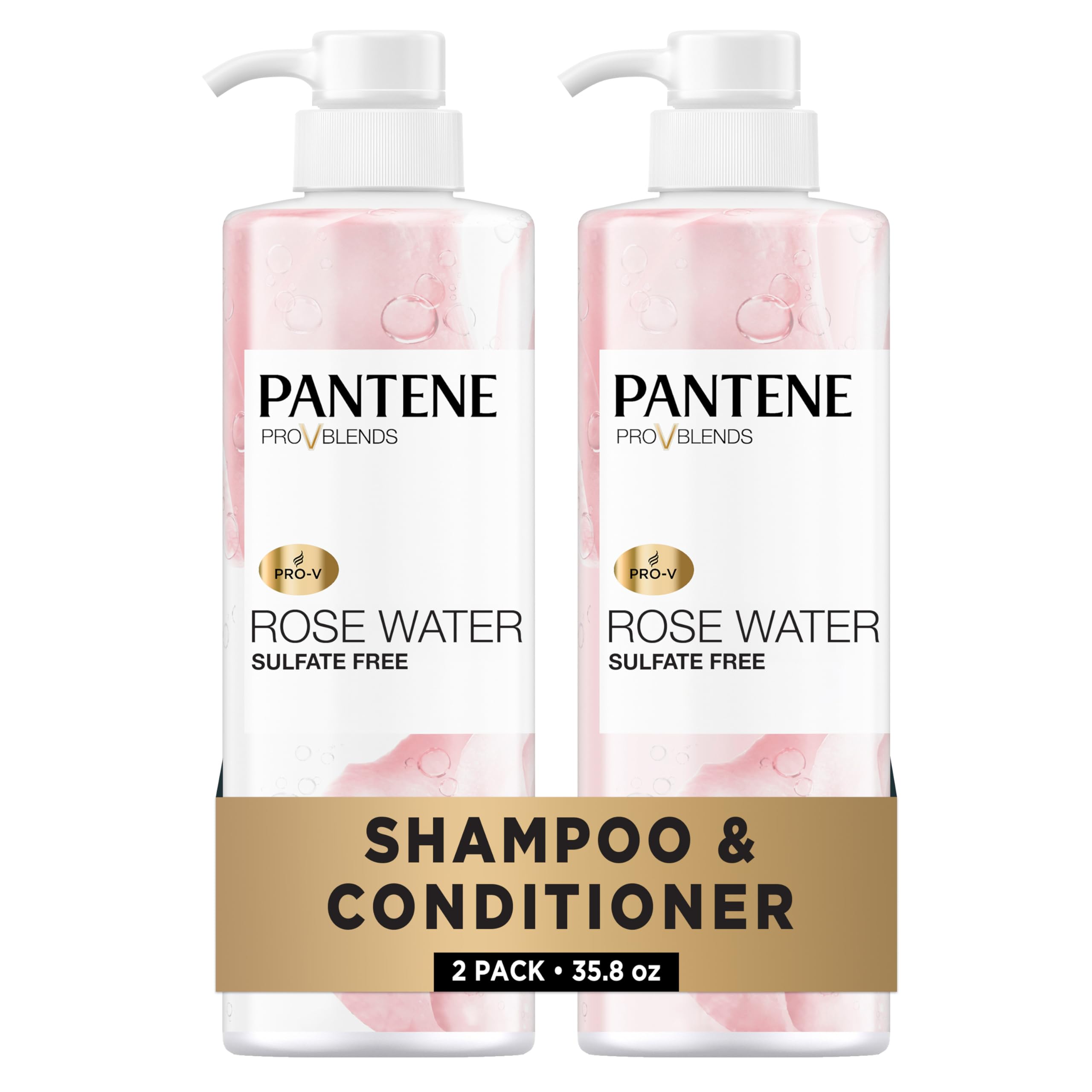 Pantene pack frontal Rose Water mostrando botellas y etiqueta, beneficios hidratación