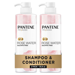 Pantene pack frontal Rose Water mostrando botellas y etiqueta, beneficios hidratación