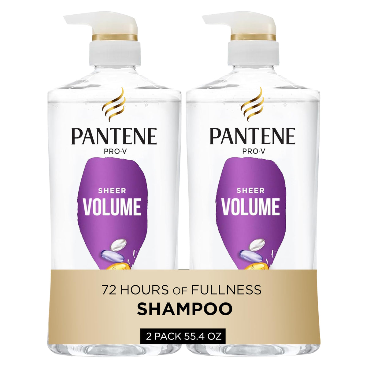 Pantene botella frontal mostrando Sheer Volume y beneficio de volumen ligero
