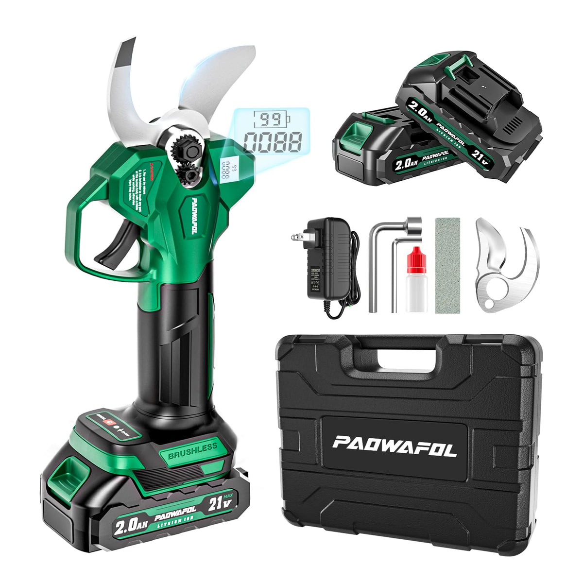 PAOWAFOL tijeras eléctricas frontal mostrando diseño ergonómico y control cómodo