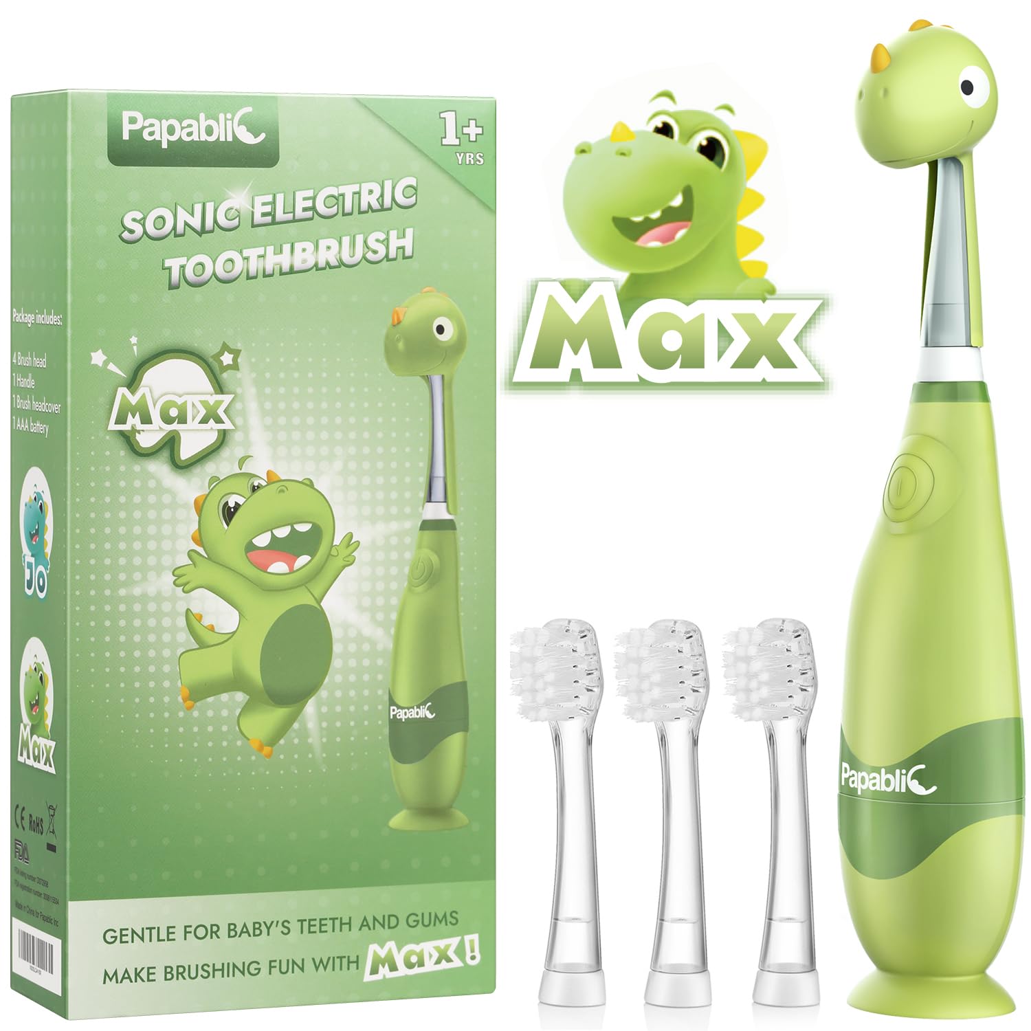 Papablic Max frontal con tapita de dinosaurio que entretiene al niño