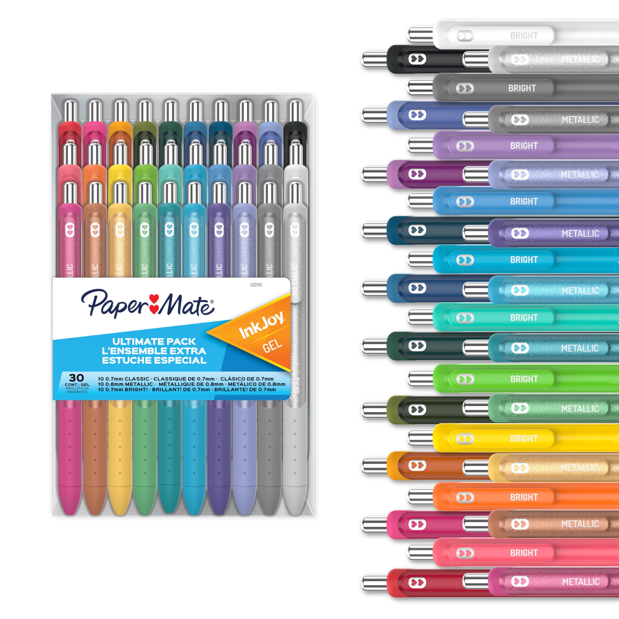 Paper Mate packaging frontal mostrando los 30 bolígrafos con variedad de colores