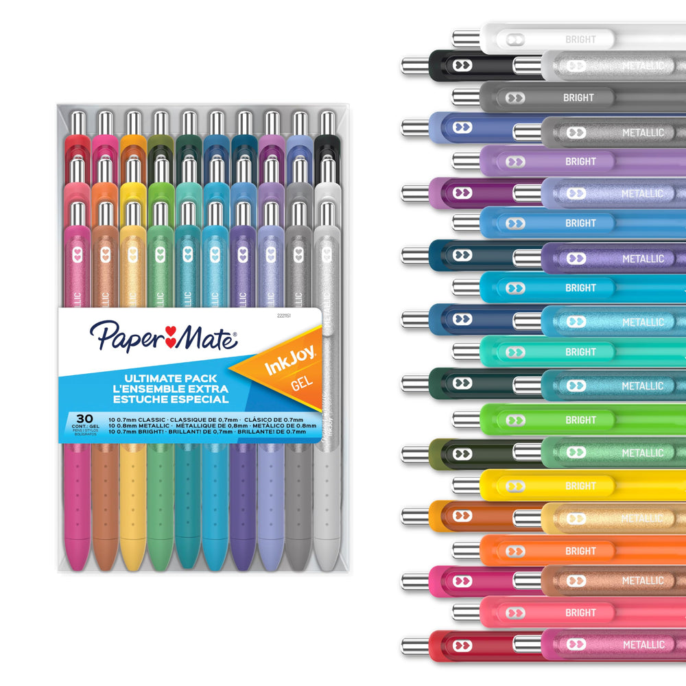 Paper Mate packaging frontal mostrando los 30 bolígrafos con variedad de colores