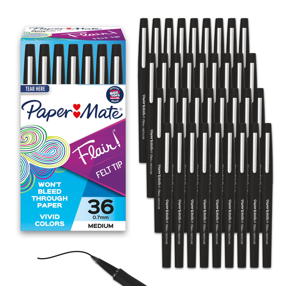 Paper Mate pack frontal mostrando 36 bolígrafos negros y presentación profesional