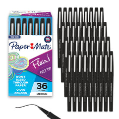 Paper Mate pack frontal mostrando 36 bolígrafos negros y presentación profesional