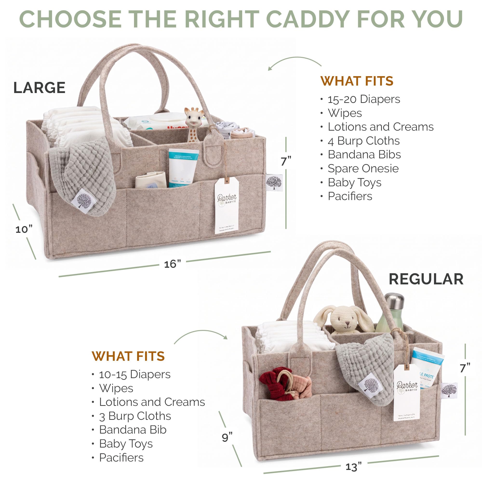 Caddy Parker Baby Co en uso sobre cambiador con pañales listos