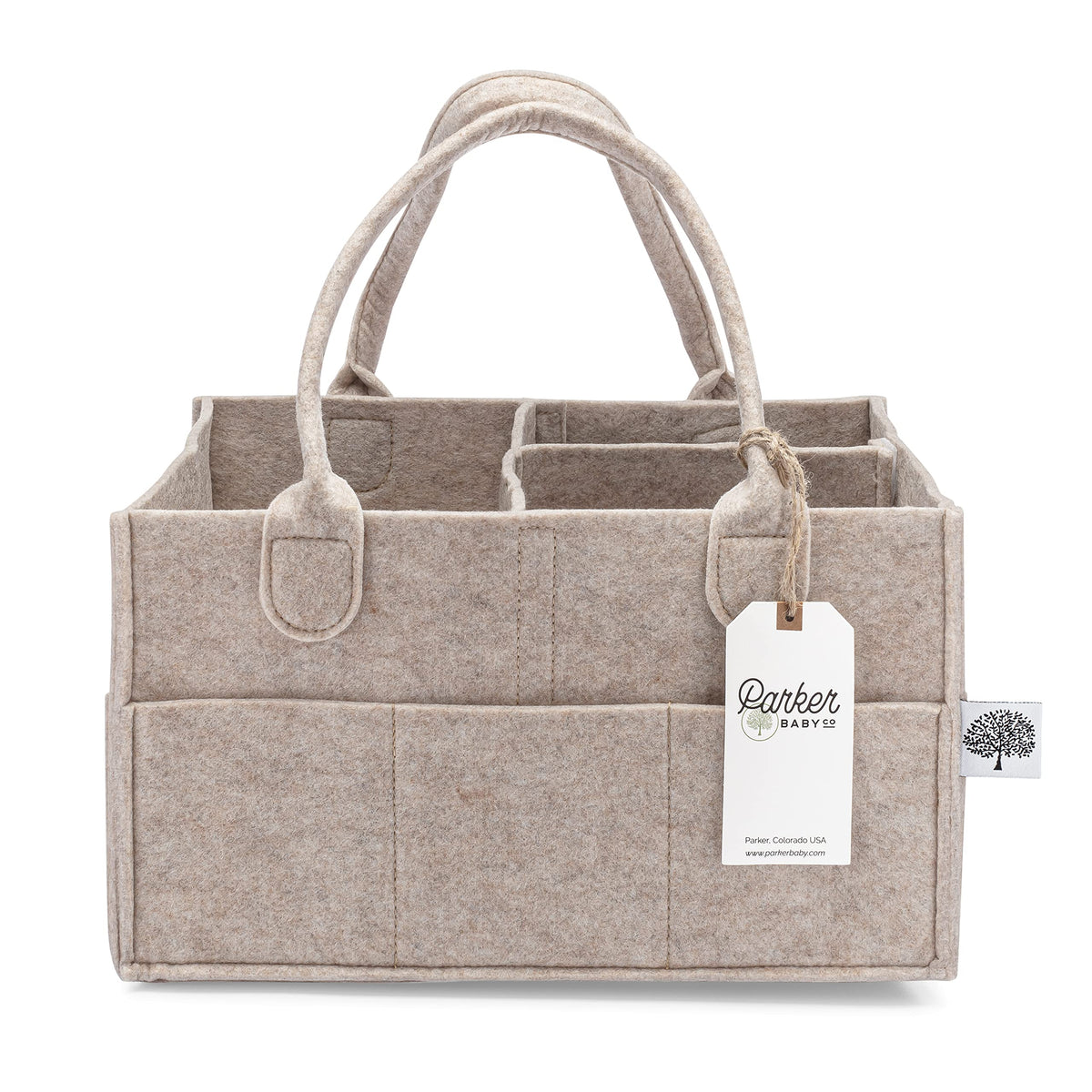 Parker Baby Co caddy frontal en oatmeal mostrando organización elegante
