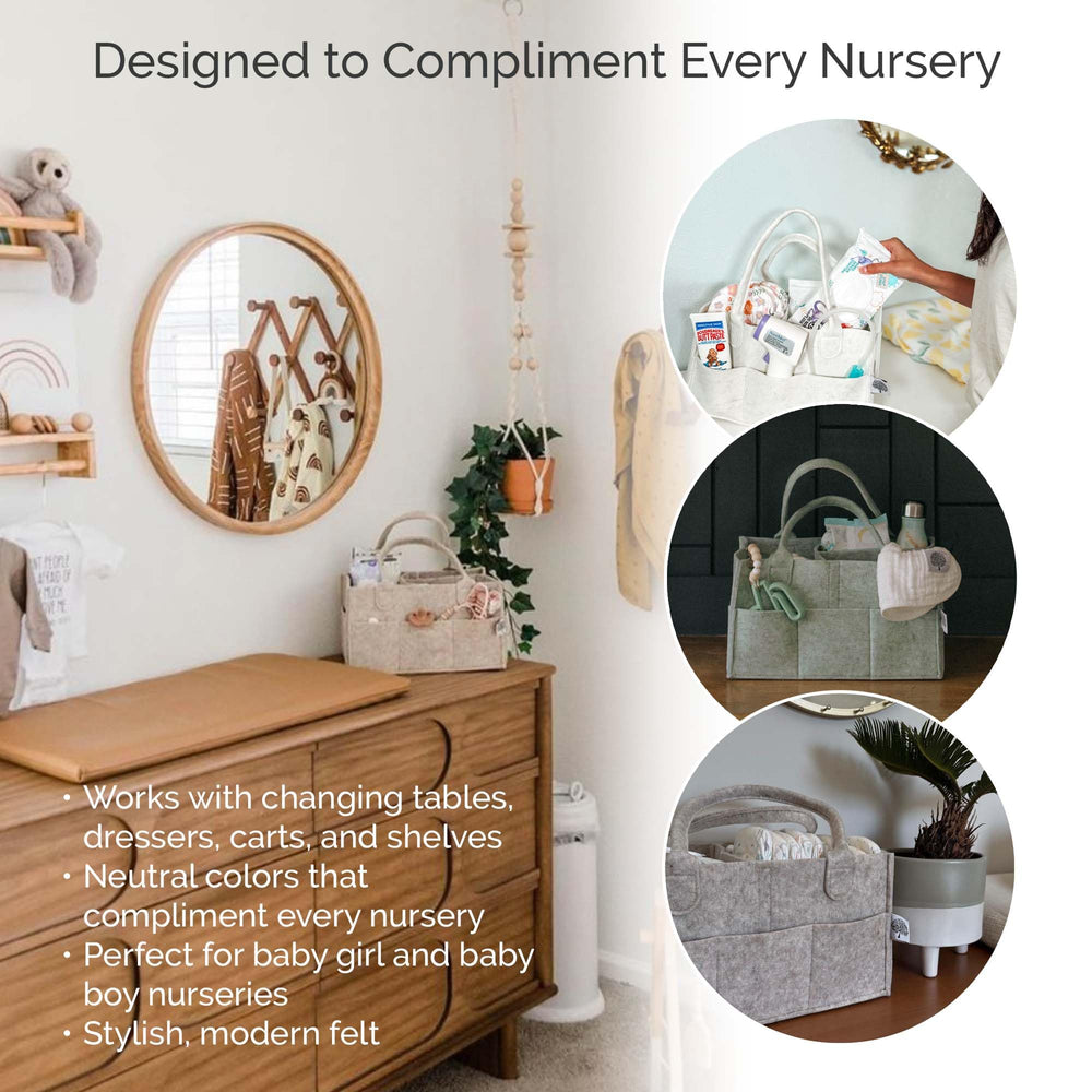 Parker Baby Co. caddy on nursery dresser coordinating with neutral decor and organization