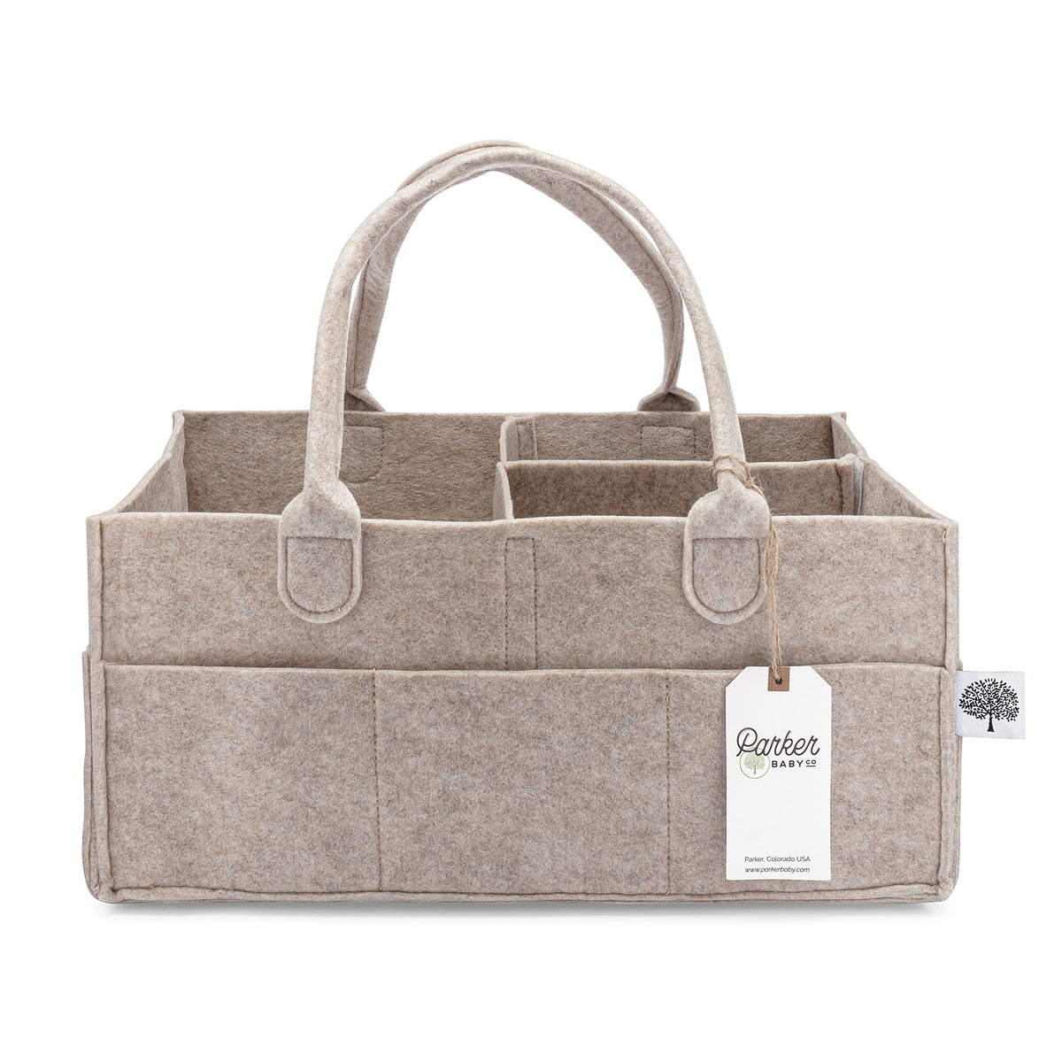Parker Baby Co. large caddy front view showing organized essentials and stylish design