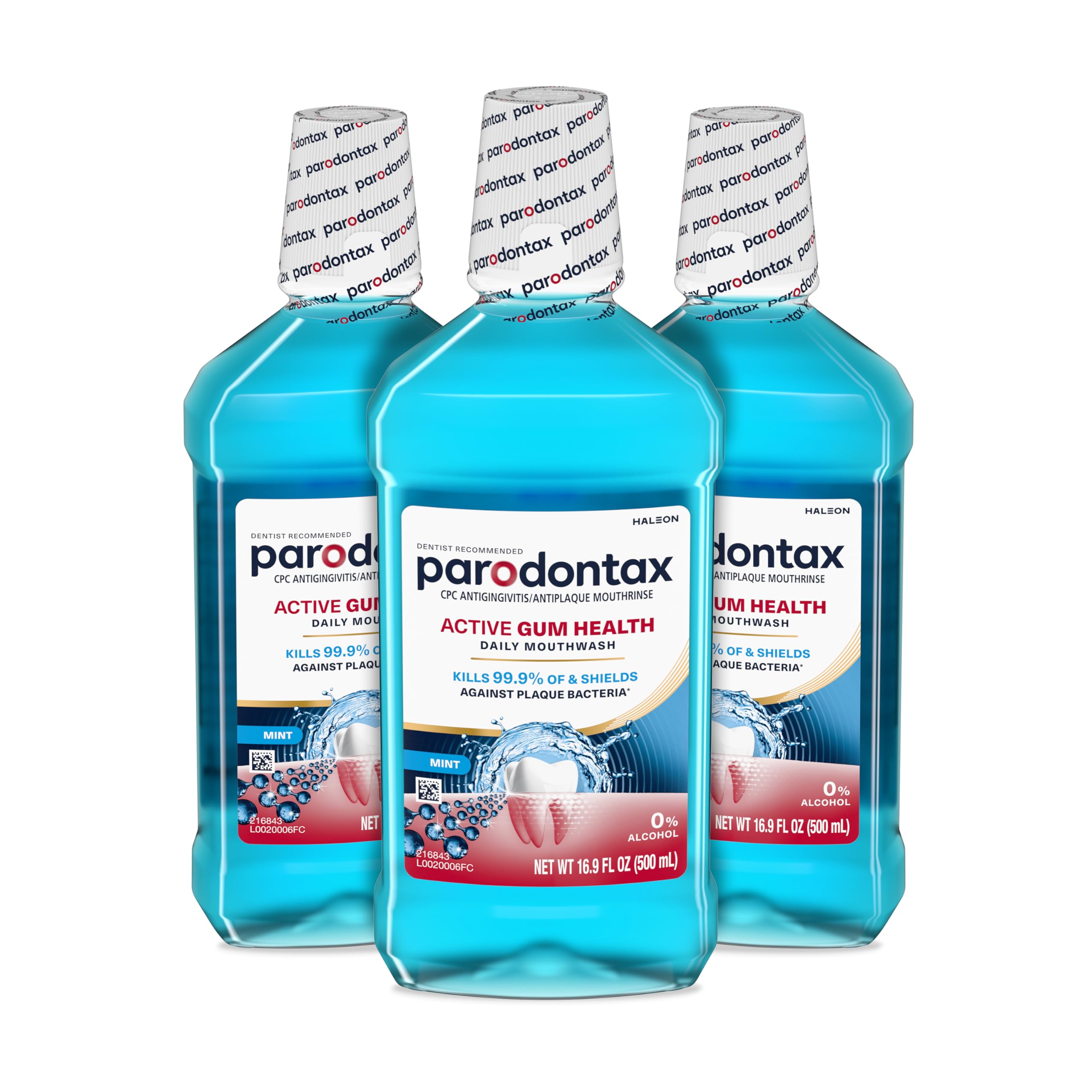 Parodontax pack frontal tres botellas mostrando ahorro y disponibilidad