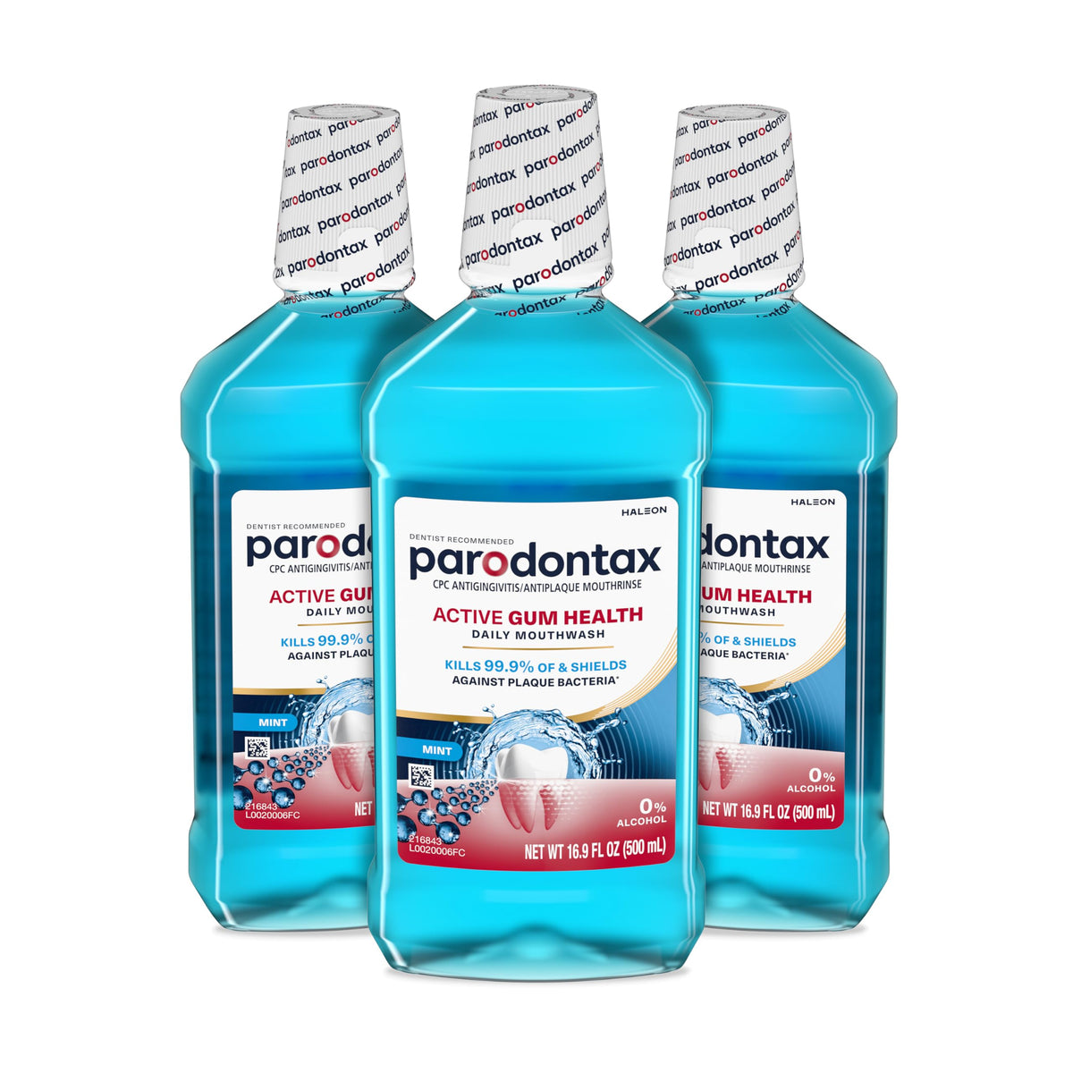 Parodontax pack frontal tres botellas mostrando ahorro y disponibilidad