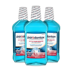 Parodontax pack frontal tres botellas mostrando ahorro y disponibilidad