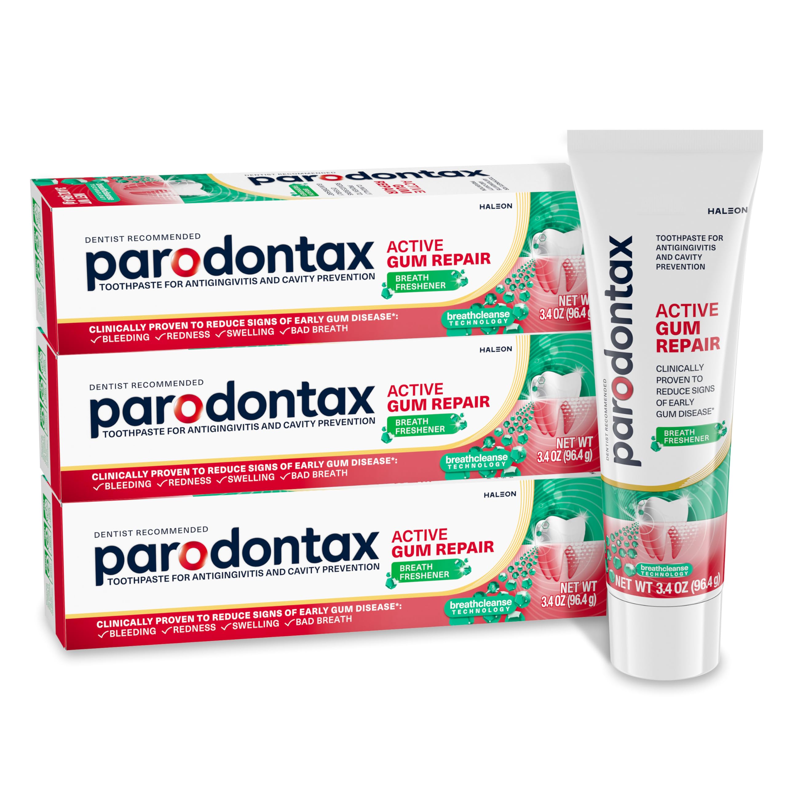Parodontax frontal con tres tubos mostrando suministro prolongado