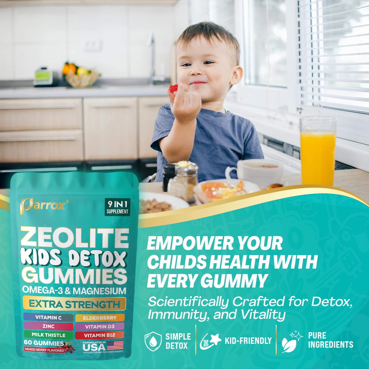 Child taking Parrox gummy illustrating easy daily dosing benefit