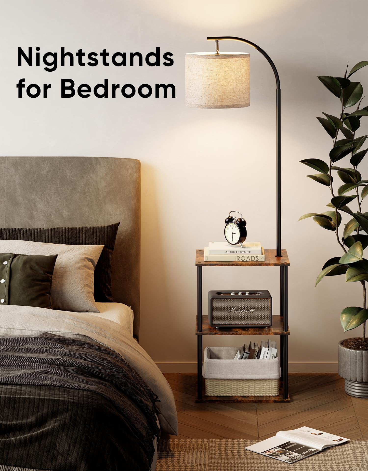 PARTPHONER nightstand setup with books and lamp demonstrating bedside use