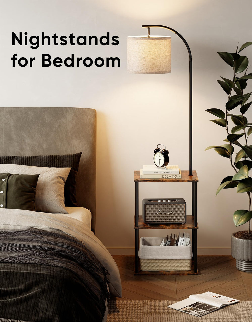 PARTPHONER nightstand setup with books and lamp demonstrating bedside use