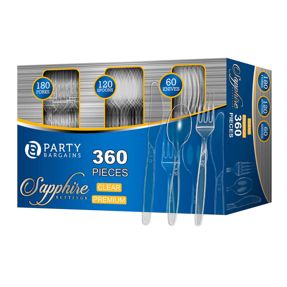 Party Bargains vista frontal del set transparente, aspecto elegante y práctico