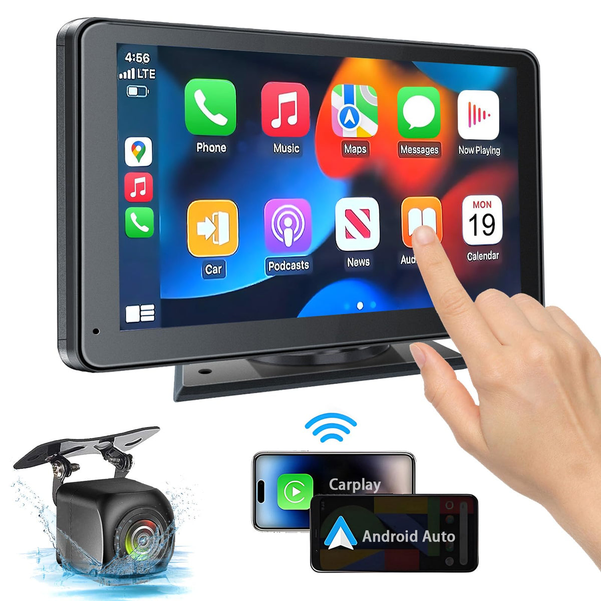 PASLDA pantalla frontal 7 pulgadas mostrando interfaz CarPlay y navegación