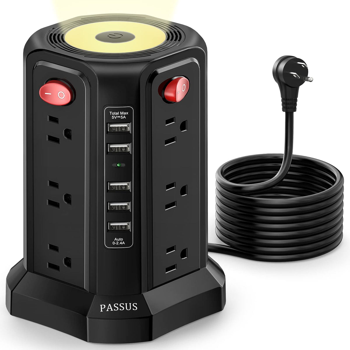 PASSUS front view showing all outlets and tower design for organized charging