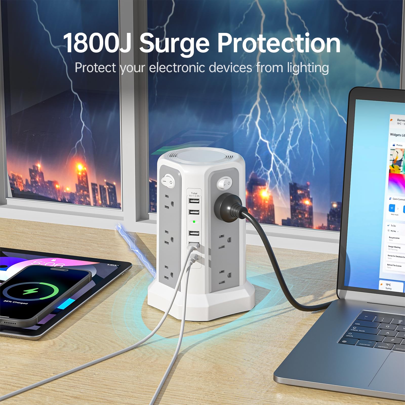 PASSUS USB‑C PD port highlight showing 18W fast charging for compatible devices