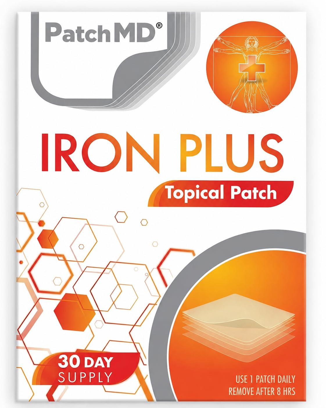 PatchMD parche Iron Plus vista frontal mostrando diseño y empaque, práctico y discreto