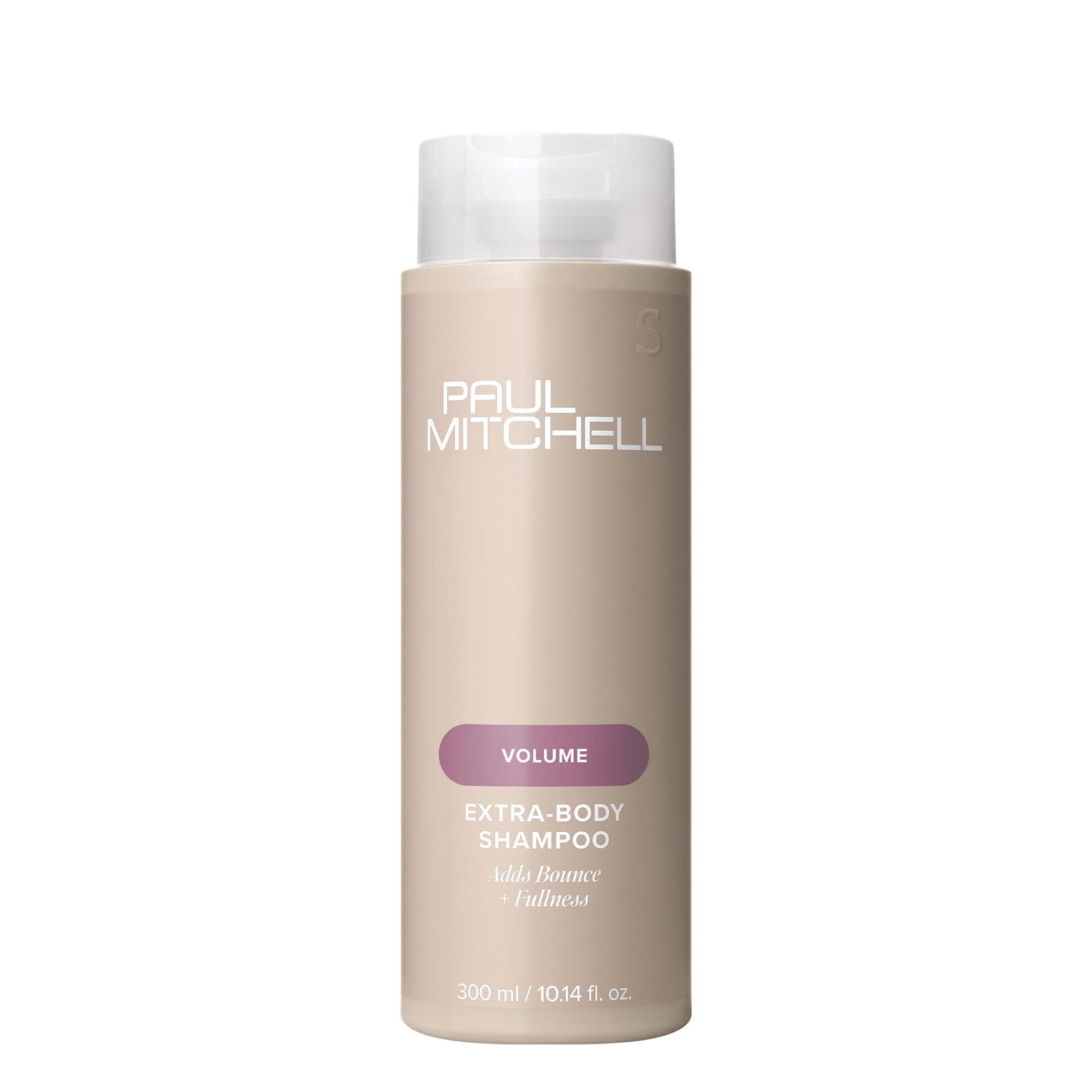 Paul Mitchell botella frontal Extra-Body muestra diseño y beneficio de volumen