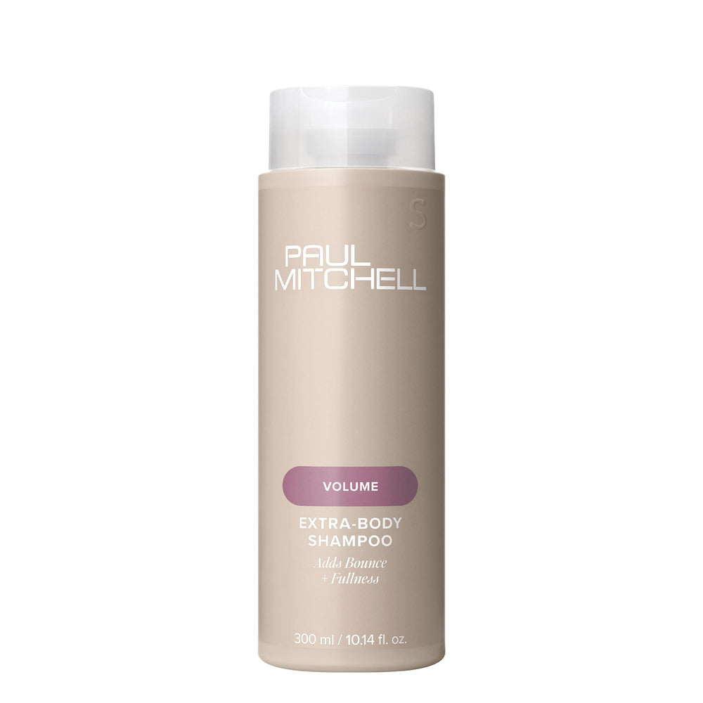 Paul Mitchell botella frontal Extra-Body muestra diseño y beneficio de volumen