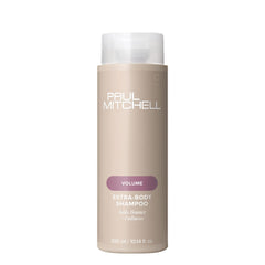 Paul Mitchell botella frontal Extra-Body muestra diseño y beneficio de volumen