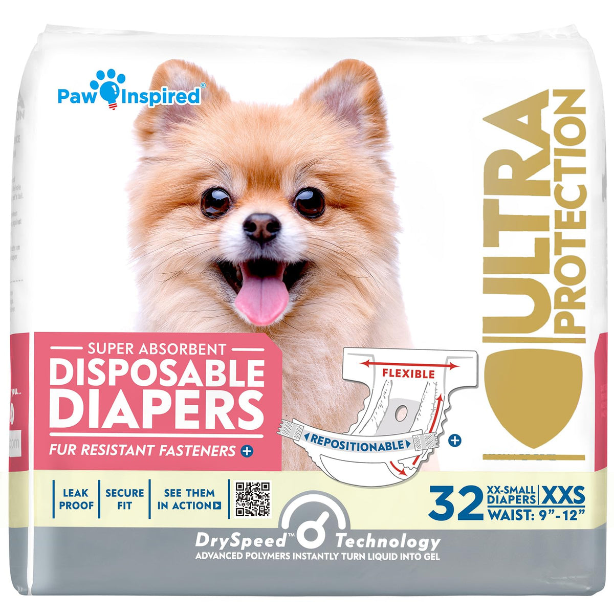 Paw Inspired paquete frontal XXS mostrando 32 unidades y beneficios prácticos