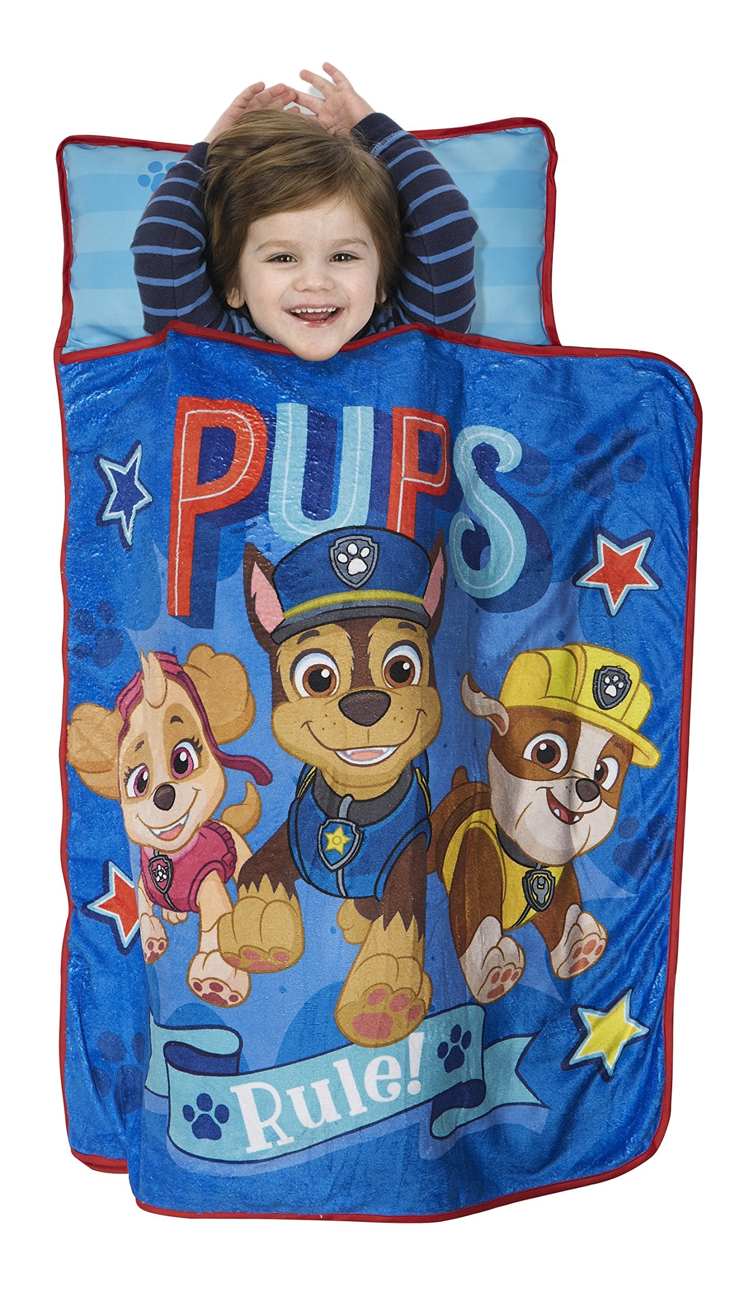 Paw Patrol vista frontal de la colchoneta mostrando diseño Pups Rule y comodidad