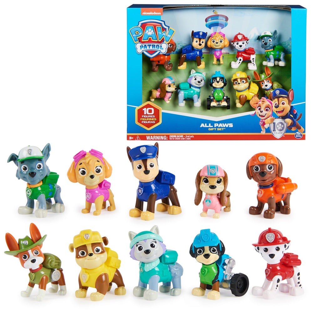 Paw Patrol pack frontal mostrando las 10 figuras para juego completo
