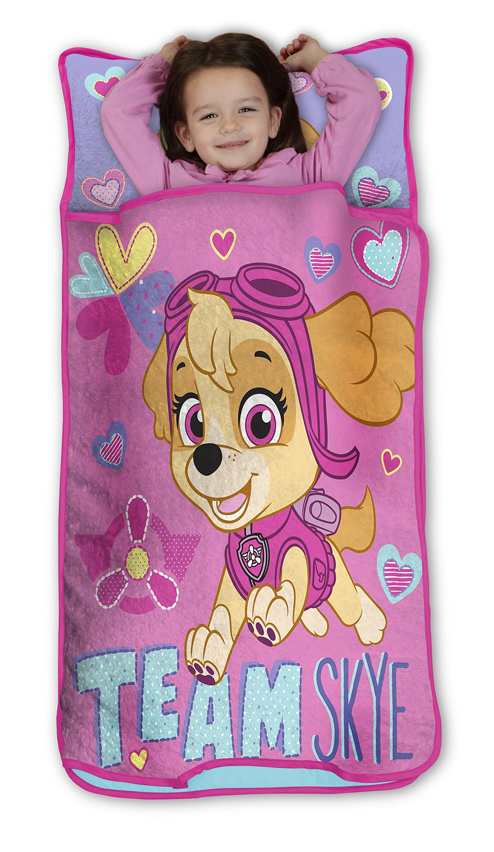 Paw Patrol Skye nap mat rolled with handle and Velcro, showing easy transport and storage