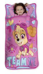 Paw Patrol Skye nap mat rolled with handle and Velcro, showing easy transport and storage