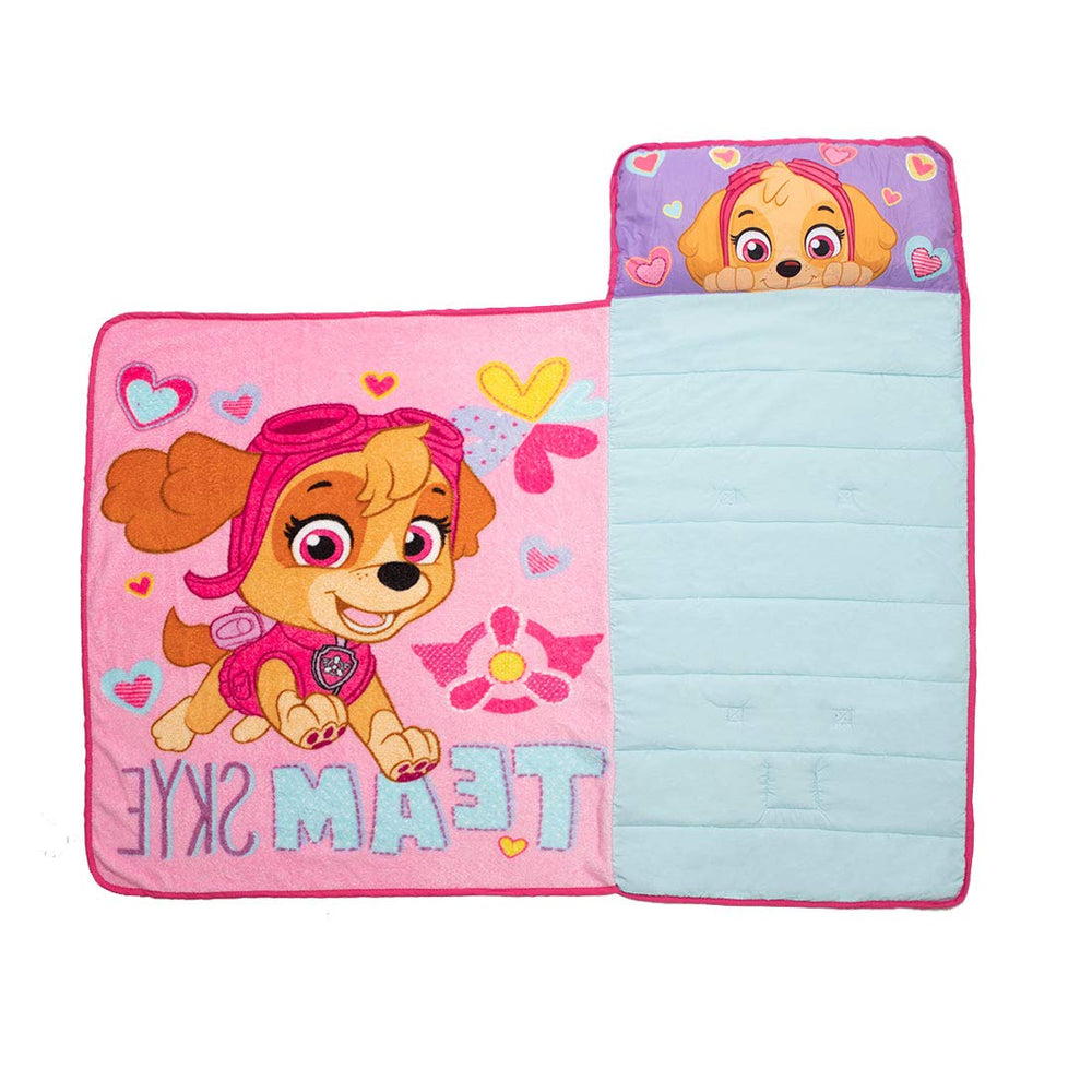 Paw Patrol Skye mat beside a toddler for scale, demonstrating the 46 x 21 inch size