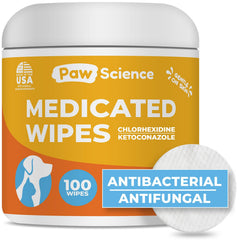 Paw Science empaque frontal mostrando 100 toallitas y beneficios visibles