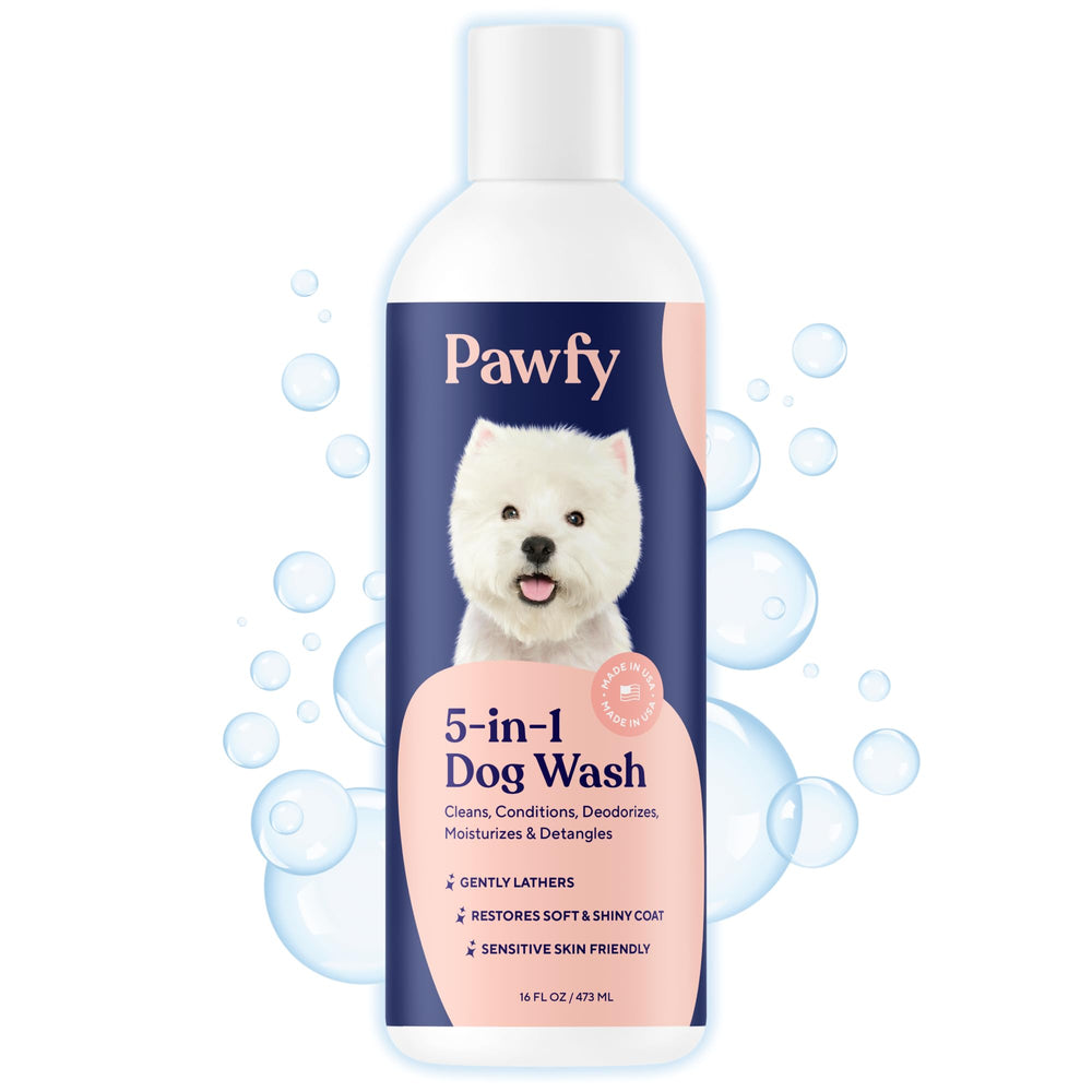 Pawfy botella frontal mostrando avena y aloe para alivio de picazón