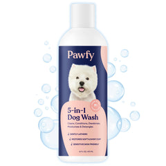 Pawfy botella frontal mostrando avena y aloe para alivio de picazón