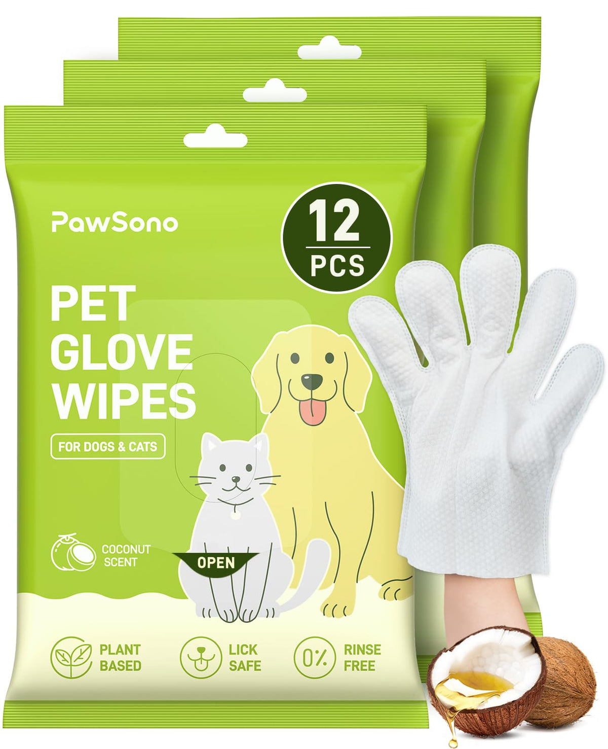 PawSono paquete frontal mostrando 36 toallitas guante, práctico para control de suciedad