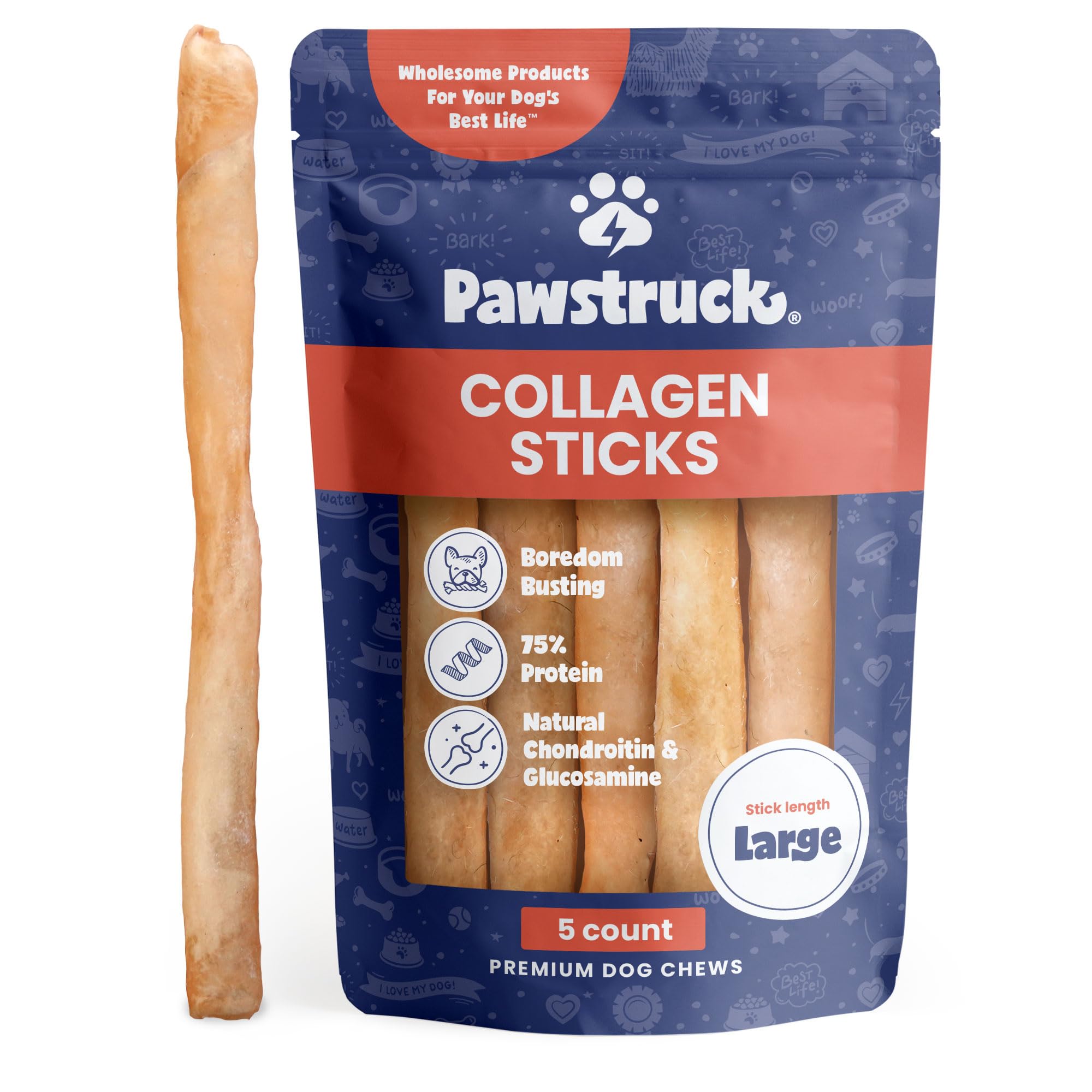 Pawstruck front packaging showing five 12-inch collagen sticks and value