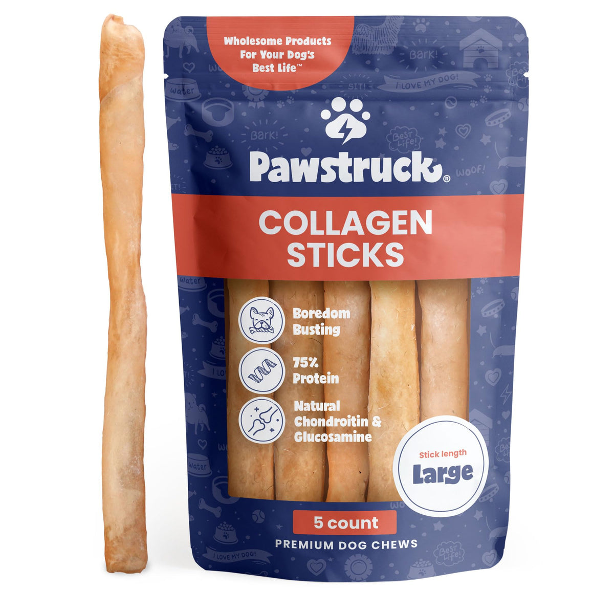 Pawstruck front packaging showing five 12-inch collagen sticks and value