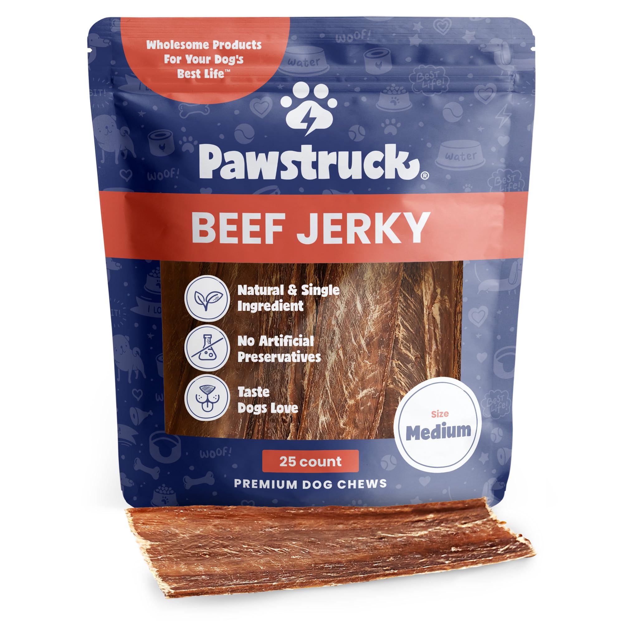 Pawstruck front packaging showing beef jerky treats and benefits