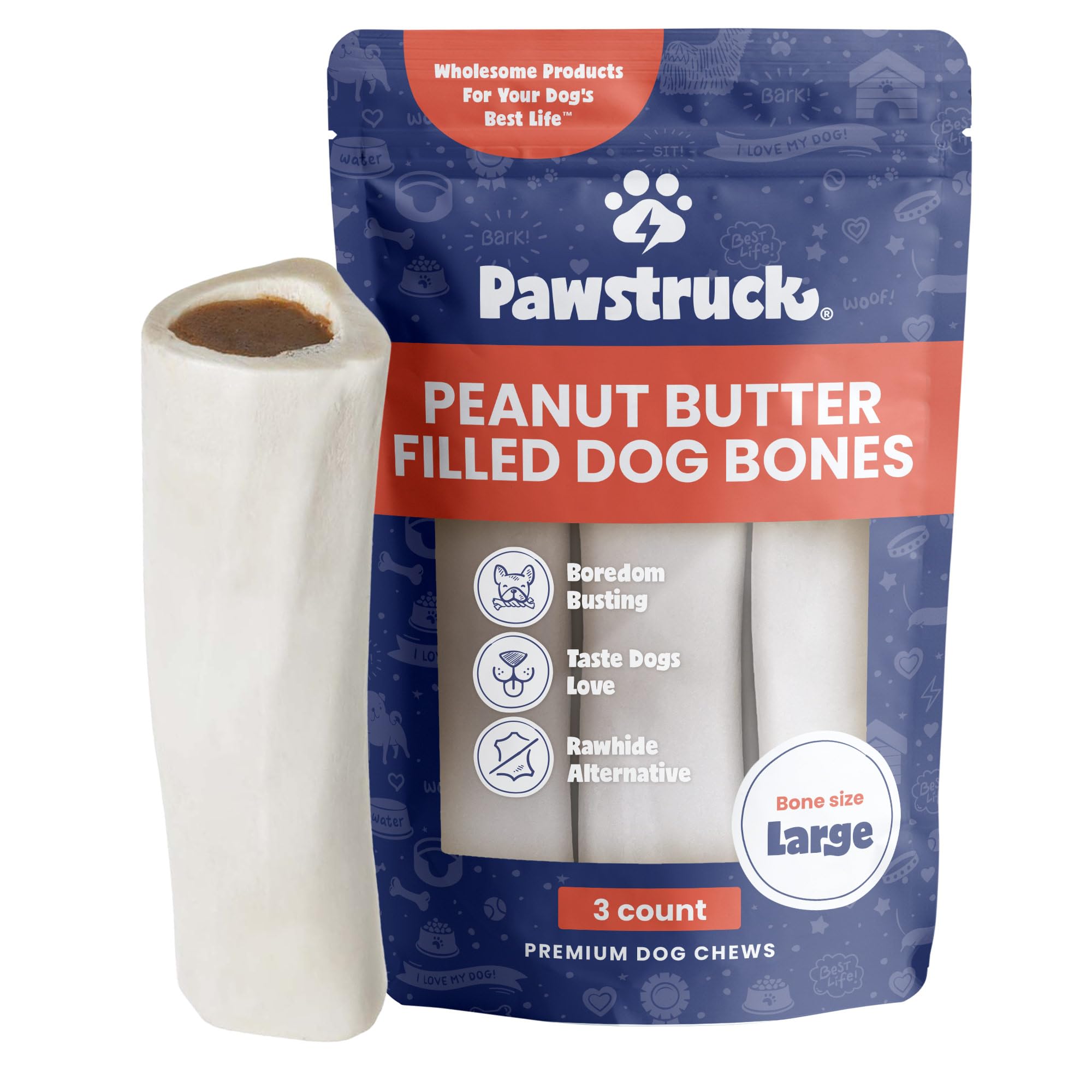 Pawstruck hueso relleno frontal mostrando pack de tres, diversión duradera